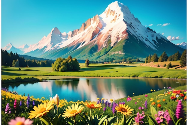 A mountain landscape with flowers and a lake