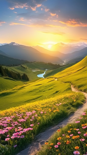 a mountain landscape with flowers and a river in the background