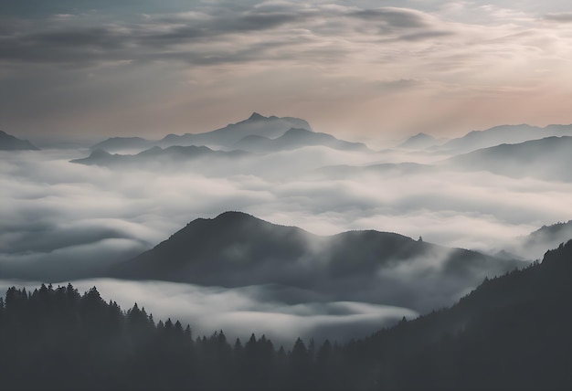 日の出の山に霧と雲のある山の風景