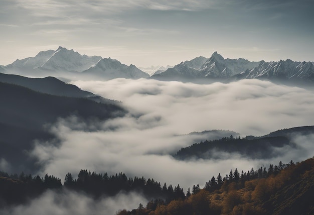 Mountain landscape with fog and clouds