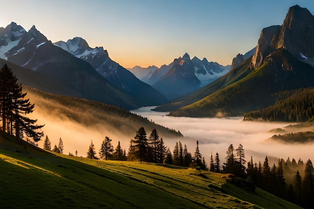 A mountain landscape with a foggy valley in the background