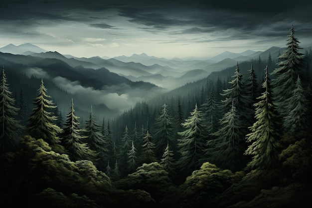 a mountain landscape with a forest and fog