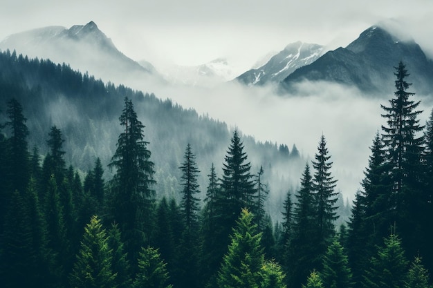 A mountain landscape with a forest and mountains in the background