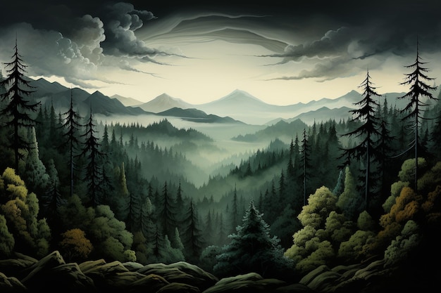 a mountain landscape with a forest and mountains