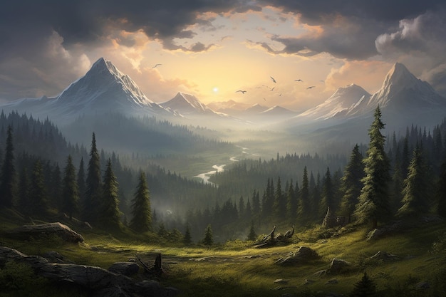 Mountain landscape with forest under a rising sun