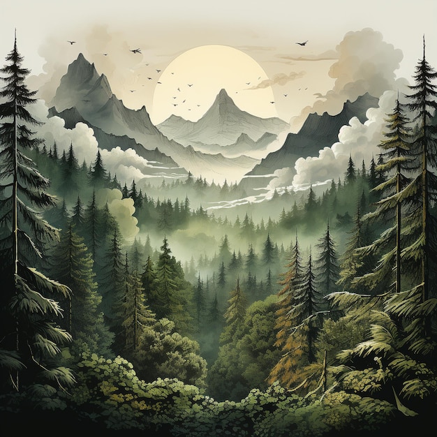 a mountain landscape with a full moon and trees