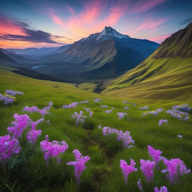 Mountain landscape with grass and flowers