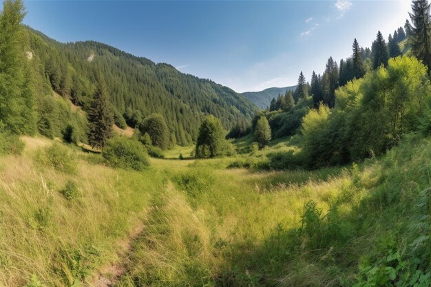 A mountain landscape with a green field and trees in the foreground.