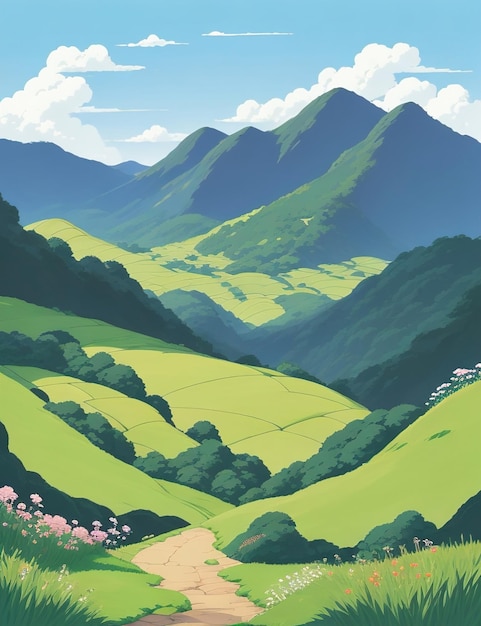 緑の草の山の風景