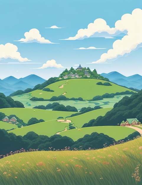 Foto paesaggio di montagna con erba verde