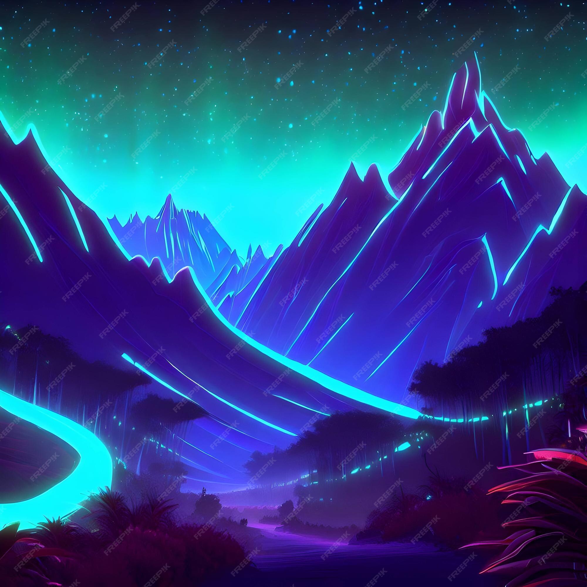 Premium AI Image A Mountain Landscape With A Green Light And The Word premium-ai-image-a-mountain-landscape-with-a-green-light-and-the-word