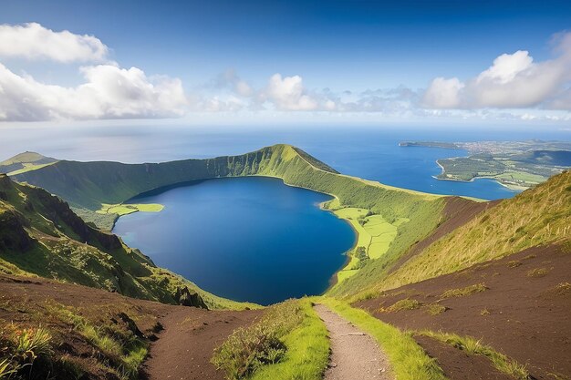 Foto paesaggio di montagna con sentiero escursionistico e vista su bellissimi laghi ponta delgada isola di sao miguel azzorre portogallo