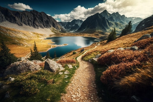 Mountain landscape with hiking trail and view of beautiful lakes