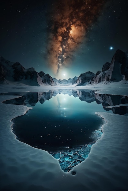 Mountain landscape with ice lake at night