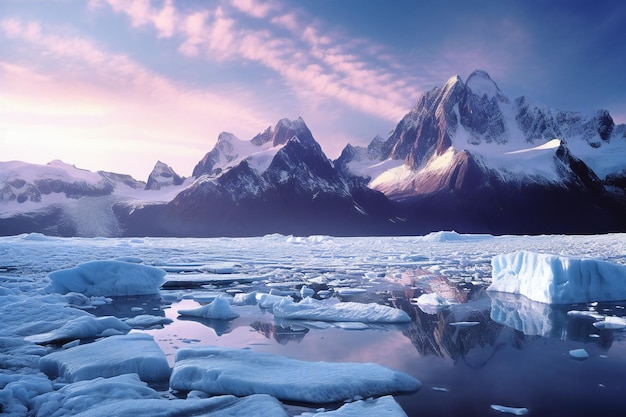 Mountain landscape with icebergs and blue sky at sunset Patagonia Argentina