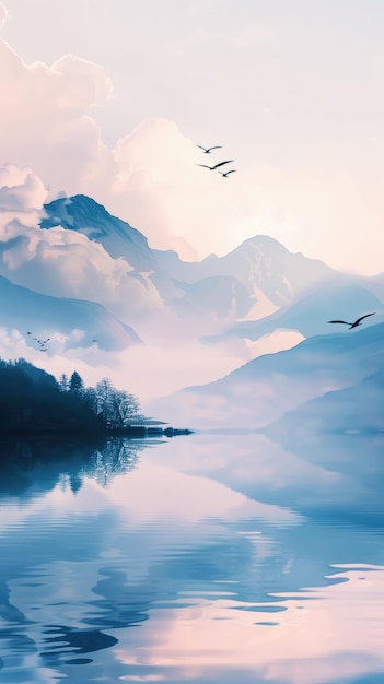 사진 해가 뜨면 호수 와 새 들 이 있는 산악 풍경