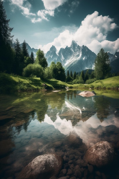 A mountain landscape with a lake and a cloudy sky