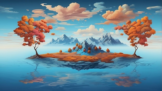 A mountain landscape with a lake in front trees with orange leaves and a blue sky with white cloud