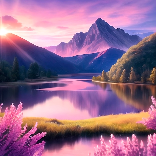 Mountain landscape with a lake and lilac branches in foreground