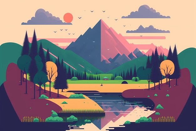 Foto un paesaggio montano con un lago e una montagna sullo sfondo.