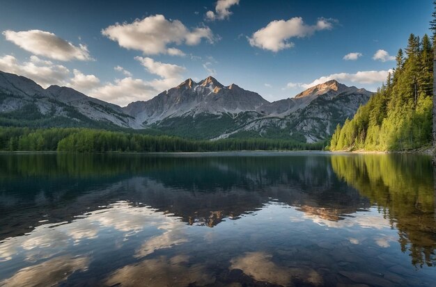 Foto un paesaggio di montagna con un lago e montagne sullo sfondo