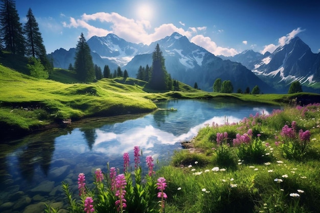 mountain landscape with a lake and mountains in the background.