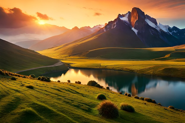 A mountain landscape with a lake and mountains in the background