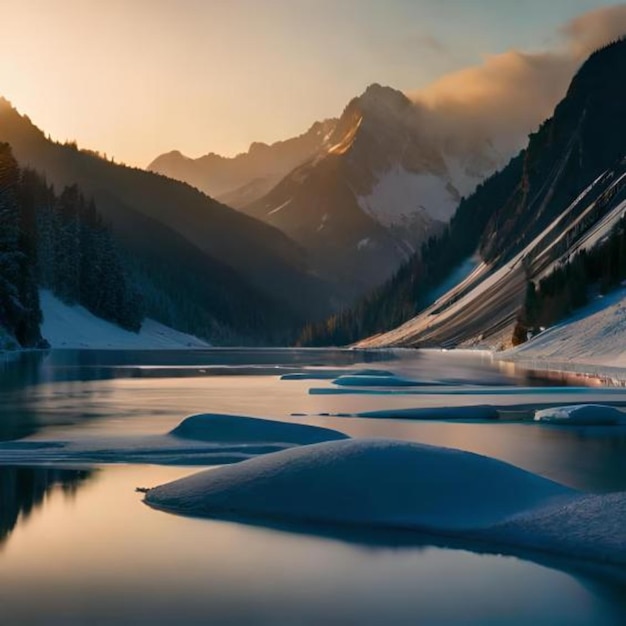湖と雪に覆われた山々を背景にした山の風景