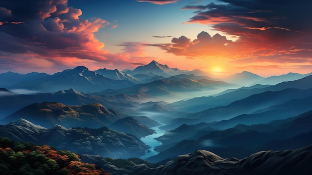 Mountain landscape with lake and sunset in the clouds