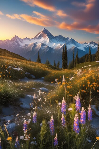 Mountain landscape with lupine flowers and snow capped peaks