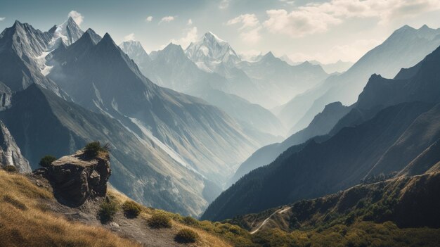 전경에서 자전거를 탄 남자가 있는 산 풍경.