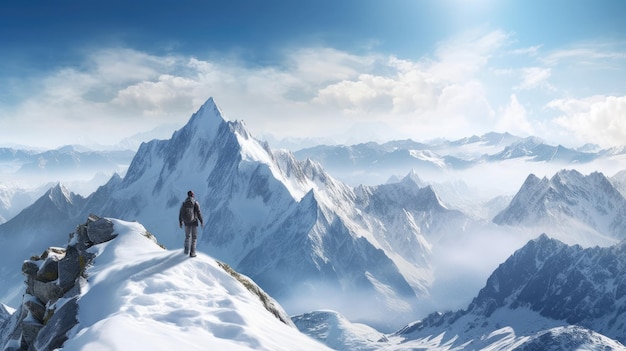 A mountain landscape with a man standing on a snowy mountain top.