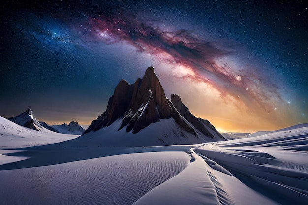 A mountain landscape with a milky way above it