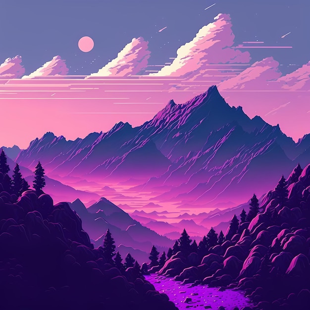 A mountain landscape with a moon in the sky