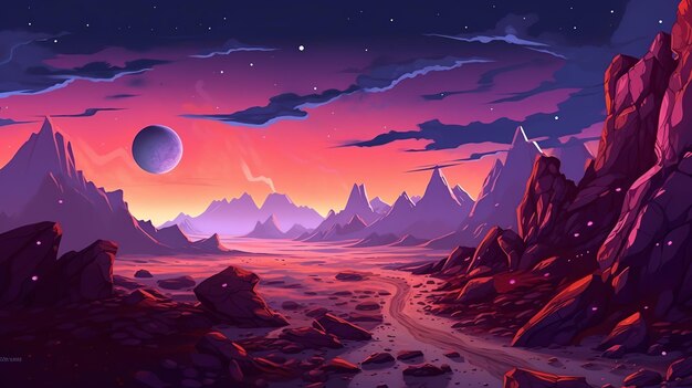 A mountain landscape with a moon and stars in the sky.