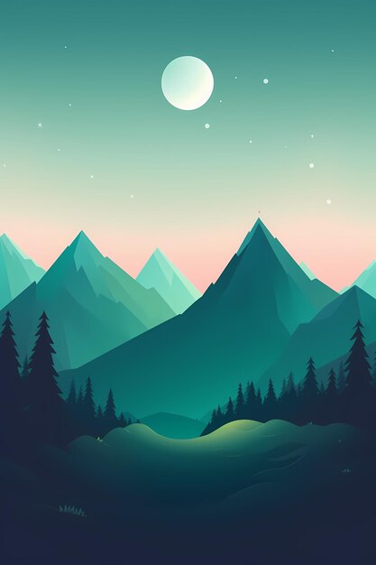 A mountain landscape with a moon and stars.