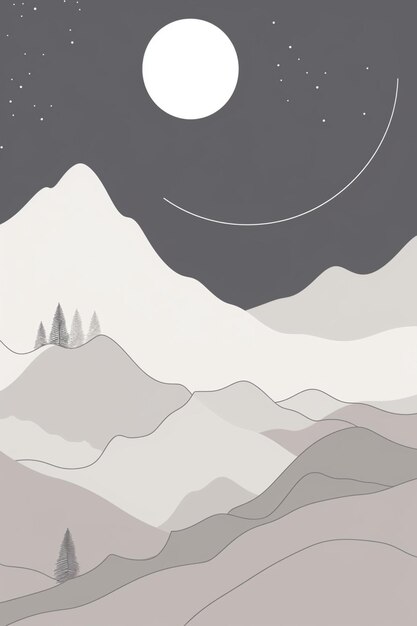 Photo a mountain landscape with a moon and stars.