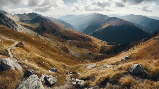 A mountain landscape with a mountain in the background Generative AI