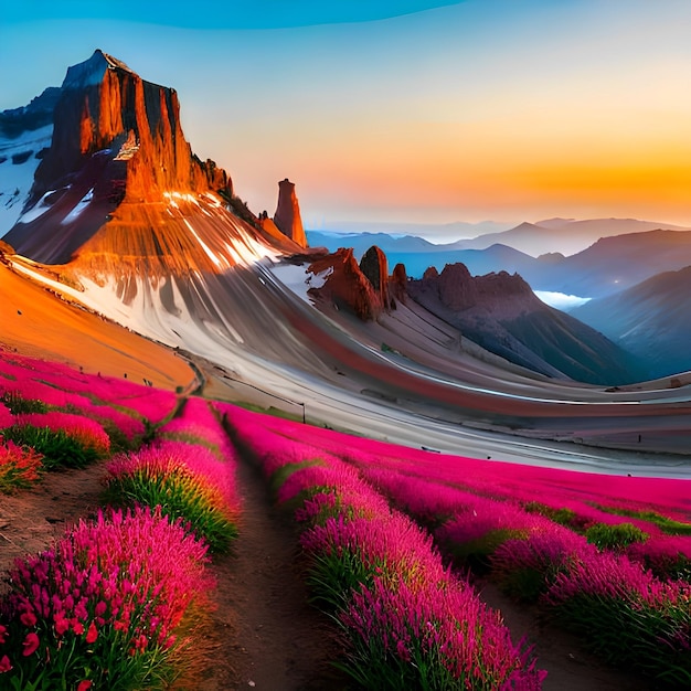 A mountain landscape with a mountain in the background