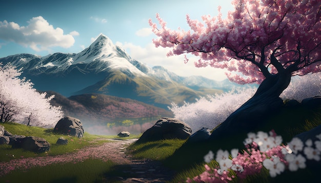 A mountain landscape with a mountain and a cherry blossom tree with a mountain in the background
