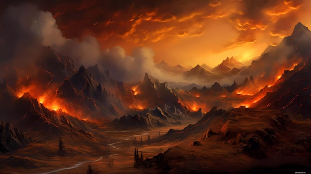 A mountain landscape with a mountain and a fire in the sky.