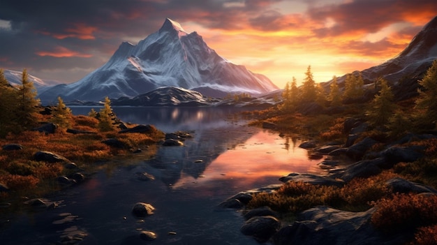 A mountain landscape with a mountain and a lake with a sunset in the background Generative AI