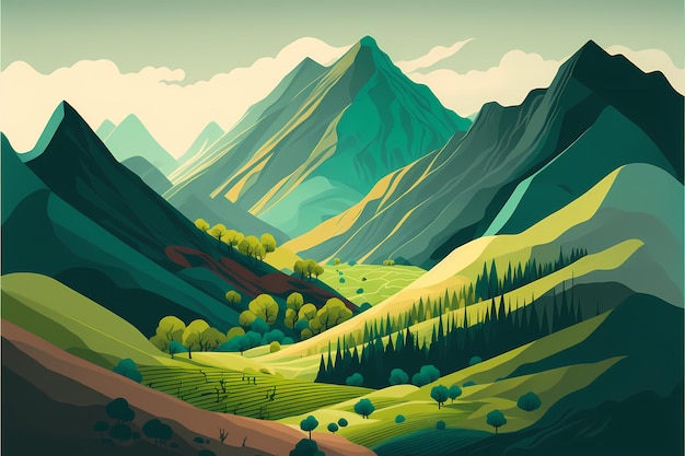 A mountain landscape with a mountain landscape and trees.