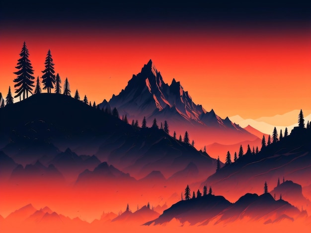 A mountain landscape with a mountain and a sunset in the background.