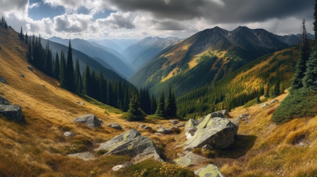 Горный пейзаж с горами на заднем плане Генеративный ИИ