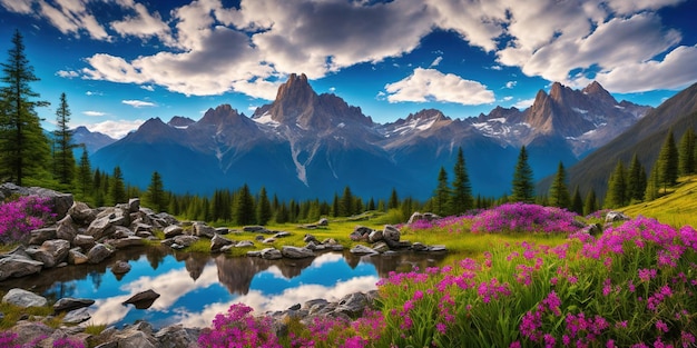 Foto un paesaggio montano con le montagne sullo sfondo