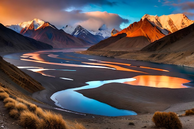 A mountain landscape with mountains and a river in the foreground