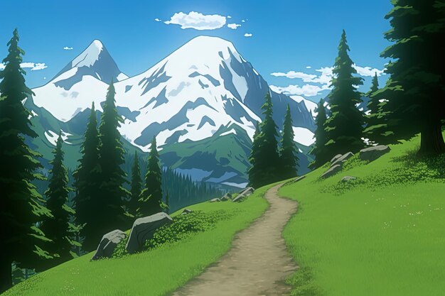 A mountain landscape with mountains and trees.