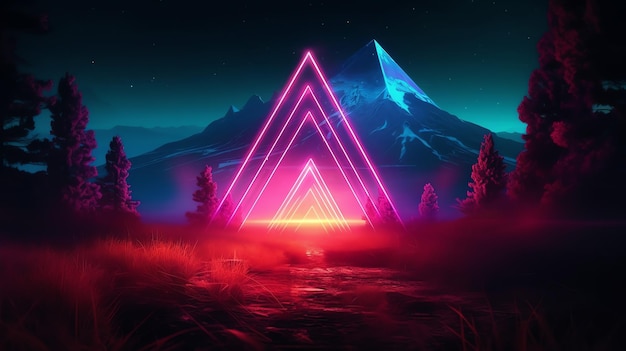 A mountain landscape with neon lights and a mountain in the background