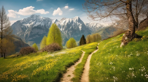 A mountain landscape with a path leading to the mountains